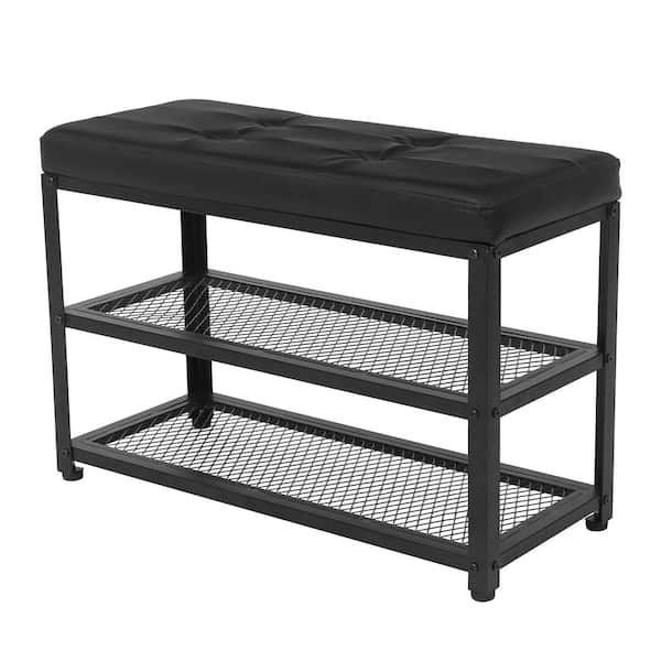 Outopee 17.72 in. H x 27.56 in. W 6-Pair Black Metal Shoe Storage Bench with Seating
