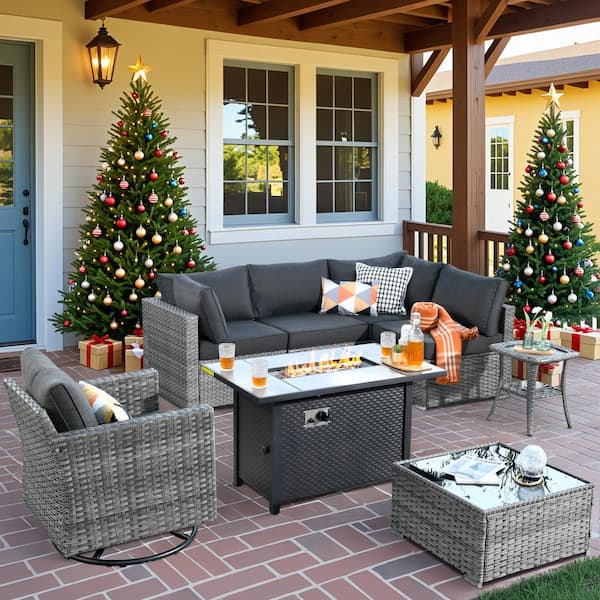 HOOOWOOO Helene Gray 8-Piece Wicker Outdoor Fire Pit Furniture Set Patio Conversation Sofa Sectional Set with Black Cushions