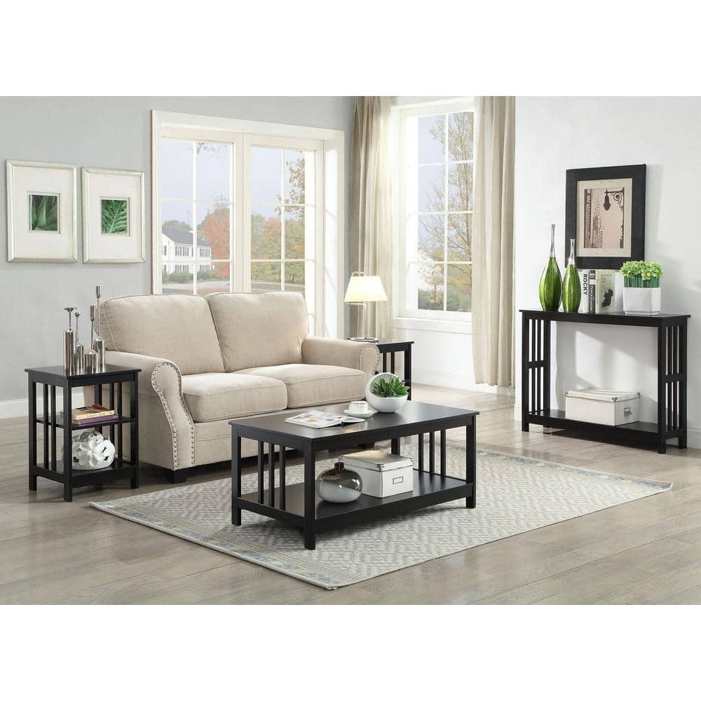 Black Rectangular Traditional Wood End Table with Shelves