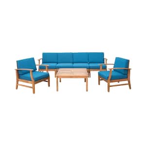 Giancarlo Teak 7-Piece Wood Outdoor Patio Sofa and Club Chair Conversation Set with Blue Cushions