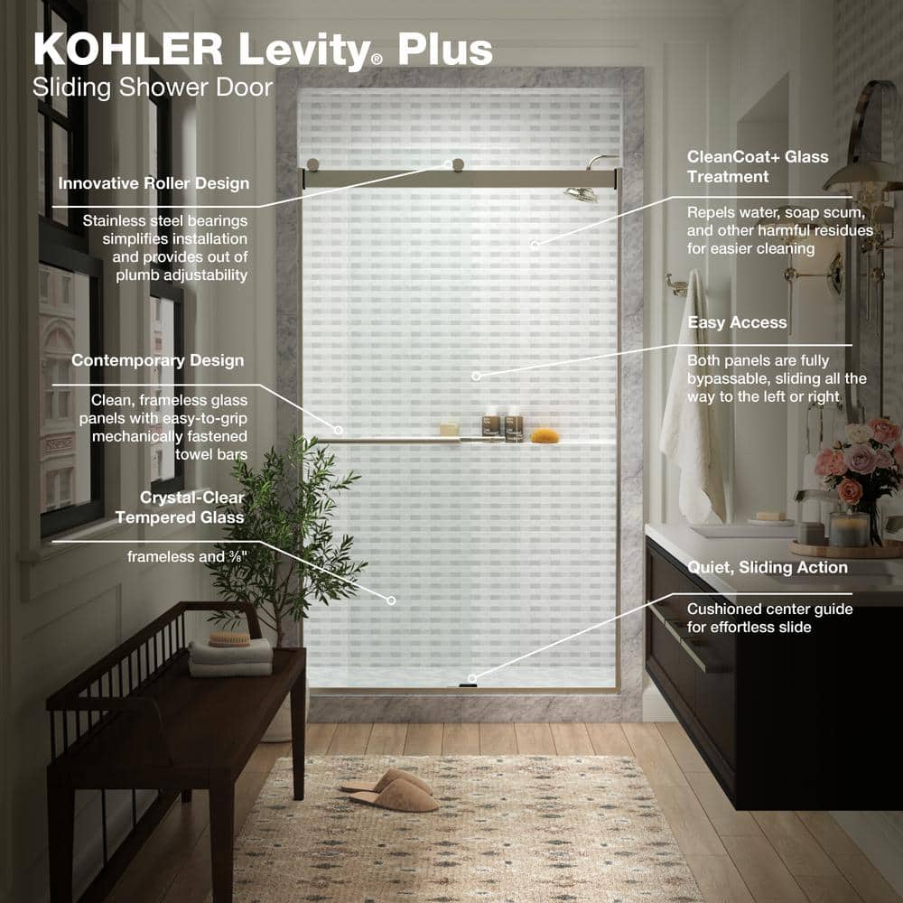Levity Frameless Sliding Shower Door with Anodized Brushed Nickel Finish and Crystal Clear Glass