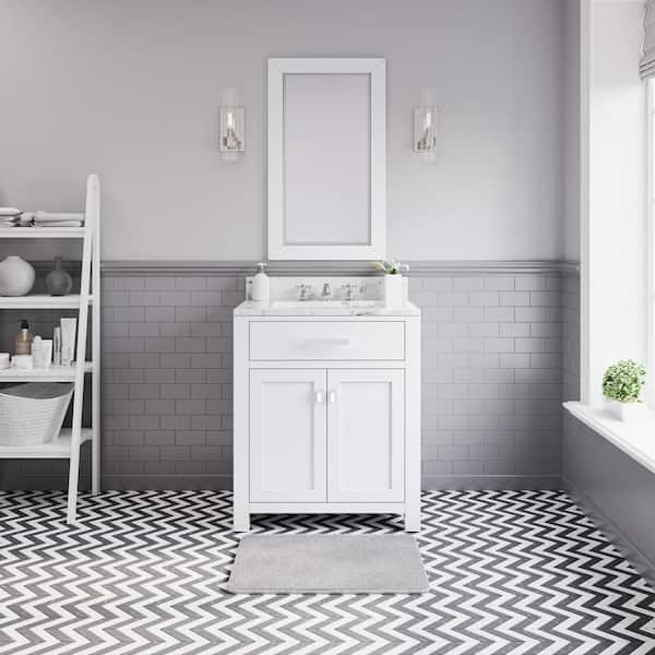 Water Creation Madison 30 in. Vanity in Modern White with Marble Vanity Top in Carrara White and Matching Mirror
