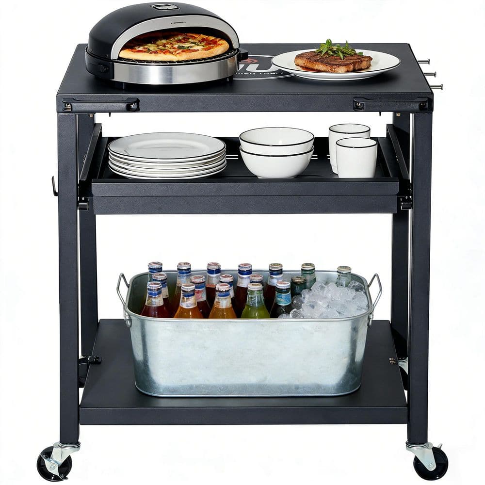 NUUK 30 in. Outdoor Grill Cart Pizza Oven Stand with Slide-Out Shelf,Stainless Steel Top Prep Table w/ Wheels,2-Tier BBQ Cart