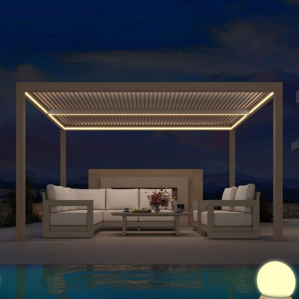 10 ft. x 13 ft. Champagne Aluminum Frame Louvered Pergola Gazebo with Adjustable Sunshade Roof and LED Strip Lights price history on PriceWatchPro