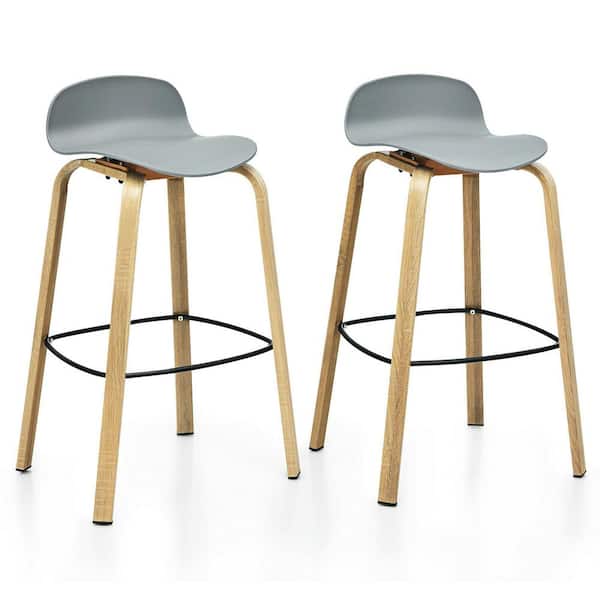 Gymax 35 in. Modern Barstools 30 in. Pub Chairs with Low Back and Metal Legs Grey (Set of 2)