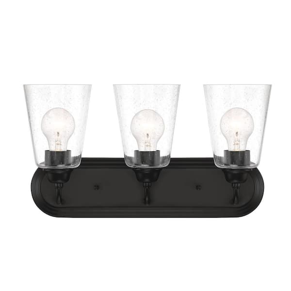 Designers Fountain Zane 19 in. 3-Light Matte Black Industrial Bathroom Vanity Light with Clear Seedy Glass Shades