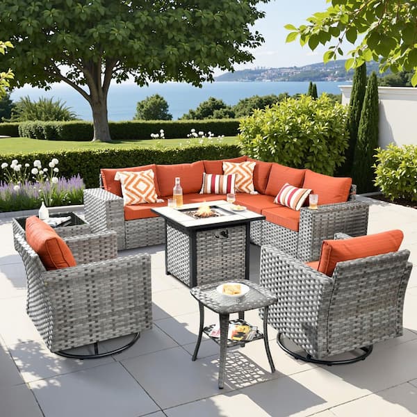 HOOOWOOO Crater Grey 10-Piece Wicker Patio Fire Pit Conversation Sofa Set with Swivel Rocking Chairs and Orange Red Cushions