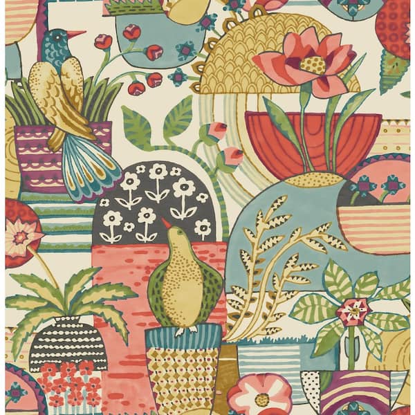 A-Street Prints Fika Plum Blissful Birds and Blooms Paper Glossy Non-Pasted Wallpaper Roll