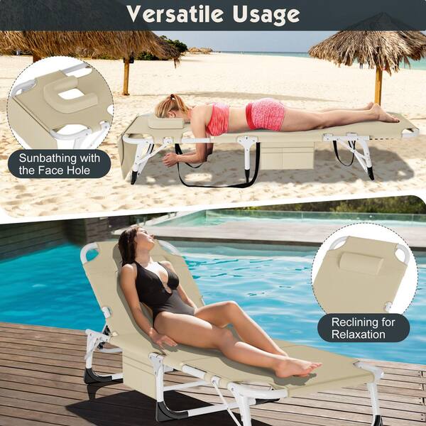 BOZTIY Folding Lounge Chair 5 Position Adjustable Metal Outdoor Reclining Chair Folding Chaise Lounge Chair 1 Pack Khaki K16SZC W19HD03 The Home Depot