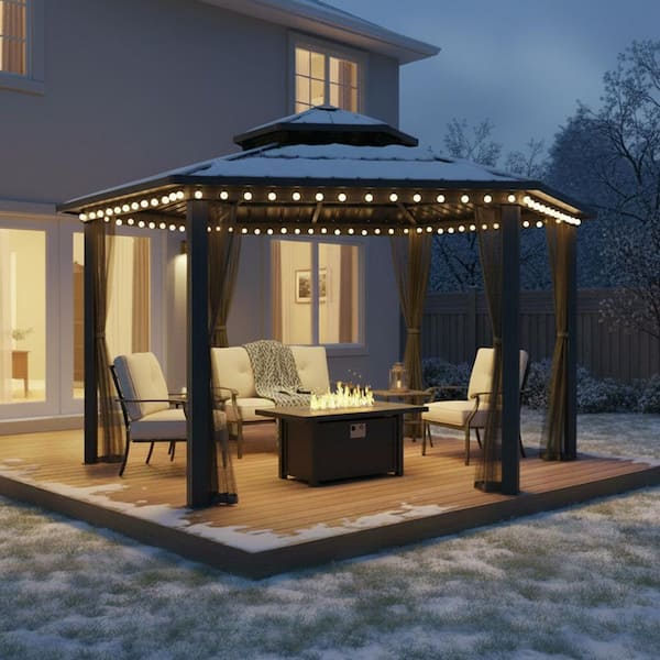 15 ft. x 15 ft. Hexagon Outdoor Black Aluminum Frame Pavilion Hardtop Gazebo with Double Iron Roof and Mosquito Netting