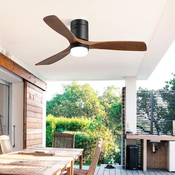 52 in. Indoor/Outdoor Smart Solid Wood Standard Black Ceiling Fan with Light and Remote/APP Control, Flush Mount