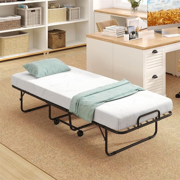 White Twin Rollaway Bed with Mattress 74 in. x 31 in. Cot Size Rolling Guest Bed Space Saving