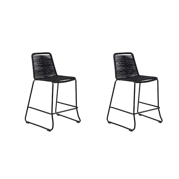 Benjara Black Stackable Metal Outdoor Bar Stool with Fishbone Rope Weaving (2-Pack)