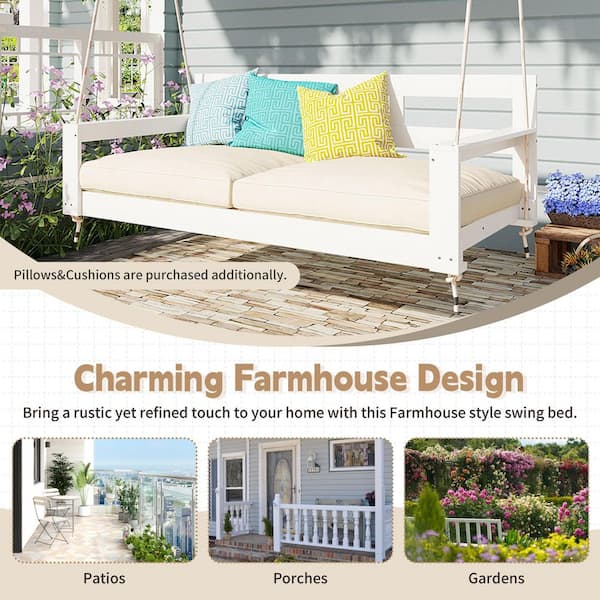 Patio Wood Twin Size Porch Swing Daybed, Garden Swing Bench Chair