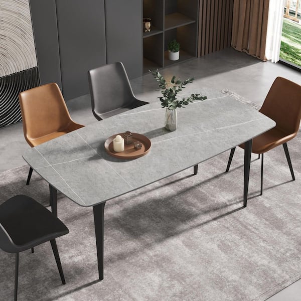 71 in. Rectangle Gray Round Edge Sintered Stone Top Black Metal 4 Legs Dining Table (Seats 8)
