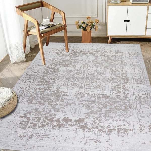 Himalayas Beige Creme 10 ft. x 14 ft. Machine Washable Modern Floral Abstract Polyester Non-Slip Backing Area Rug