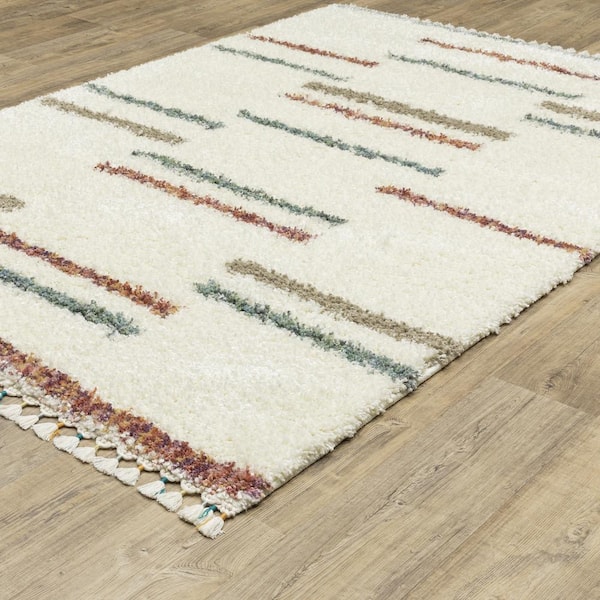 Avalon Ivory/Multi-Colored 10 ft. x 13 ft. Staggered Geometric Stripe Polypropylene Shag Tassel Indoor Area Rug