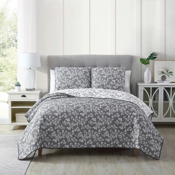 Annabella Floral Dark Grey 3-Piece Soft Woven Matelasse Jacquard Reversible Cotton Blend Quilt Set-Full/Queen