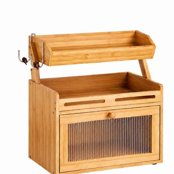 1 Piece Bamboo 3-in-1 Countertop Bread Box with Fruit Basket, Clear Window and Banana Hooks