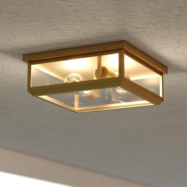 VAXCEL Kinzie 2-Light Gold Vintage Brass Transitional Indoor Outdoor Square Flush Mount Ceiling Light with Clear Glass