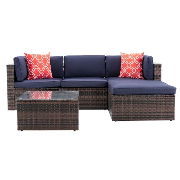 HOMEFUN 5-Piece Dark Brown Mix Wicker Outdoor Sectional Conversation Set with Navy Blue Cushion and Glass Table