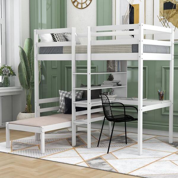 Harper & Bright Designs Convertible White Twin Loft Bed with L-Shape Desk and Ladder
