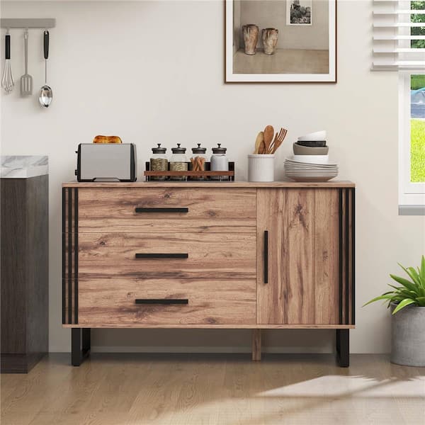 Costway Rustic Brown Wood 47 in. Sideboard Cabinet with 3-Drawers, 1-Door, 1 Adjustable Shelf
