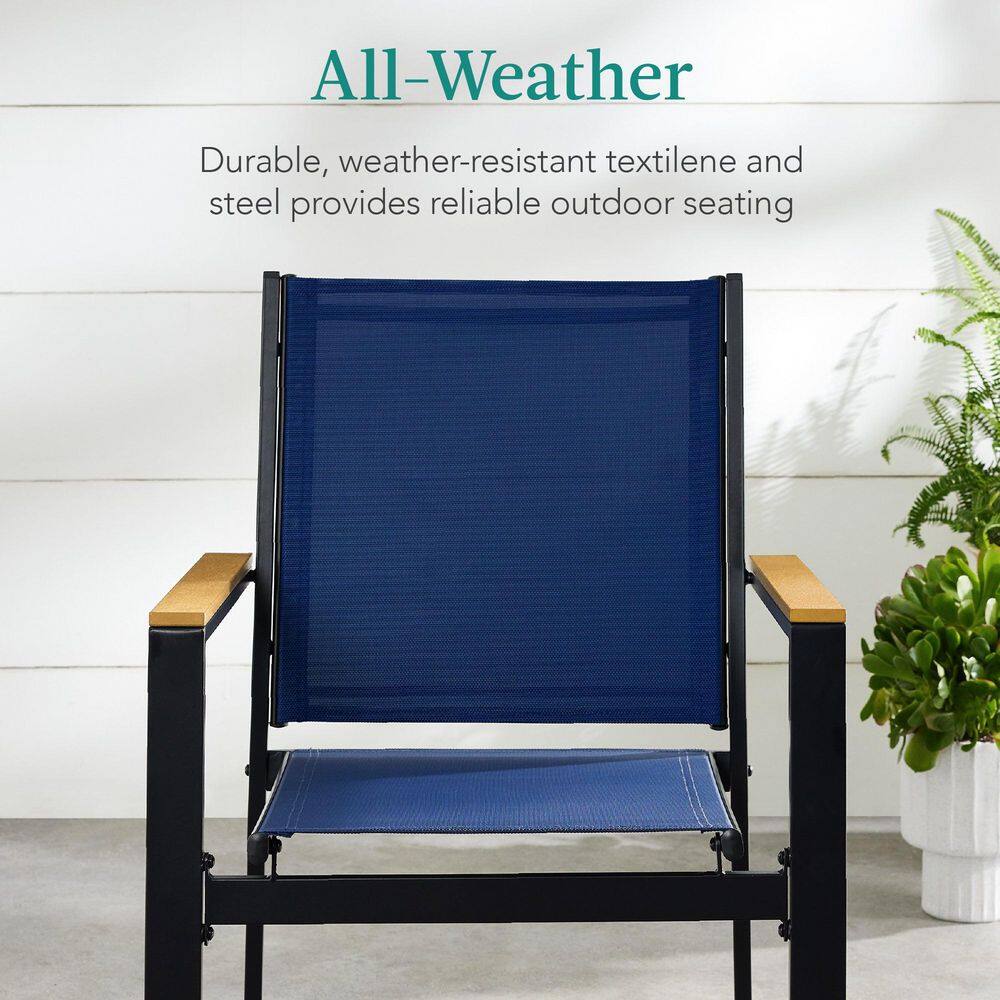 Set of 2 Blue Metal Armchairs with Wooden Armrests