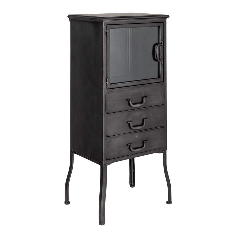 Antique Black Metal and Glass Office Storage Cabinet with 3 Drawers