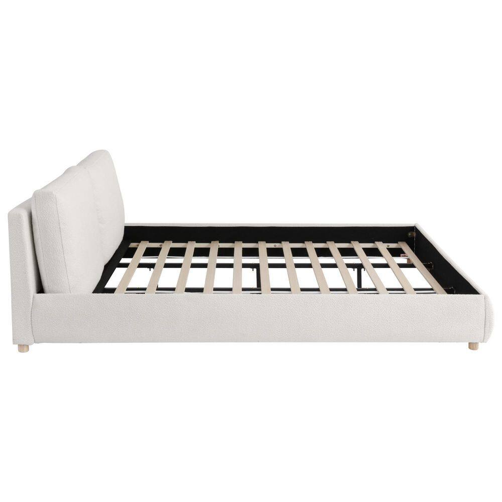 White Wood Frame King Size Boucle Fabric Upholstered Platform Bed with 2-Removable Pillow Headboard - thumbnail 7