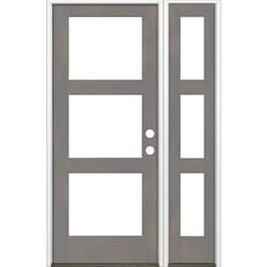 50 in. x 80 in. Modern Hemlock Left-Hand/Inswing 3-Lite Clear Glass Grey Stain Wood Prehung Front Door with Sidelite