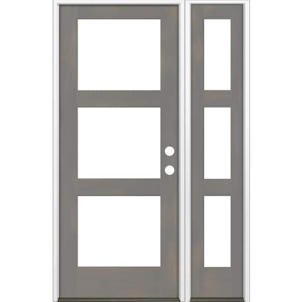 Krosswood Doors 50 in. x 80 in. Modern Hemlock Left-Hand/Inswing 3-Lite Clear Glass Grey Stain Wood Prehung Front Door with Sidelite