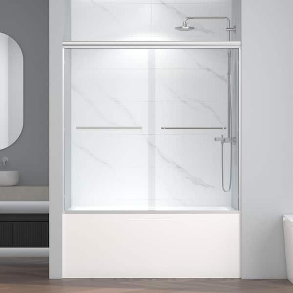 60 in. W x 58 in. H Double Sliding Semi-Frameless Tub Door Alcove Bathtub Door in Chrome with 1/4 in. Clear Glass