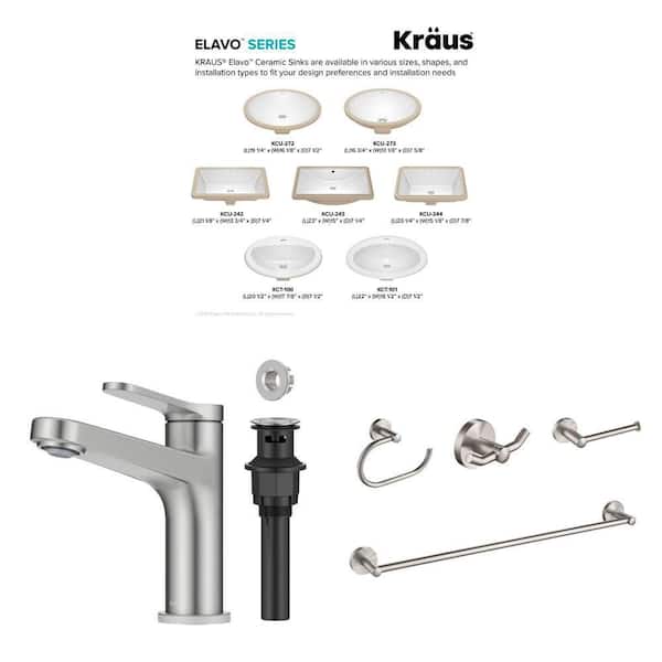 Elavo 16.8 in. White Oval Sink, Indy Brushed Nickel Faucet with Pop Up Drain, and Elie 4-Piece Hardware Set