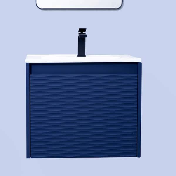 24 in. W Single Floating Blue Bath Vanity with White Ceramic Top Unassembled
