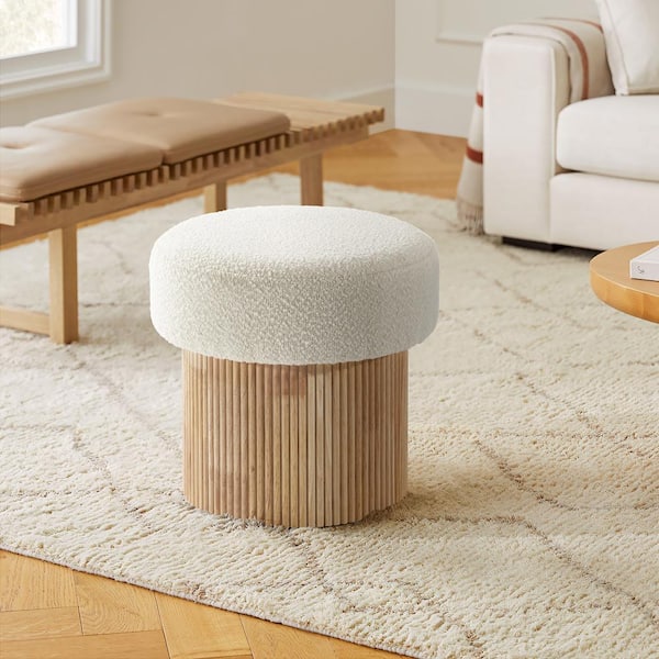 Modern Ivory Upholstered Stool with Storage and Wood Fluted Base