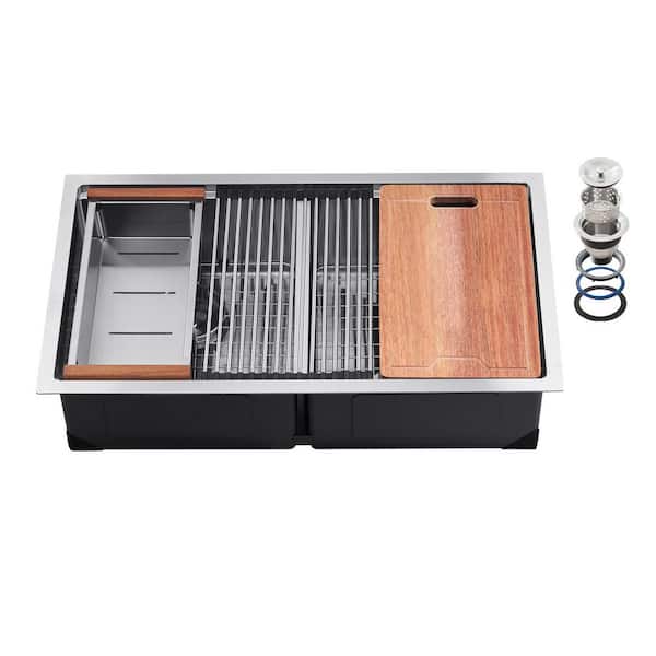 33 in. Undermount Double Bowl 12 Gauge Silver Stainless Steel Kitchen Workstation Sink with Drying Rack and Cutting