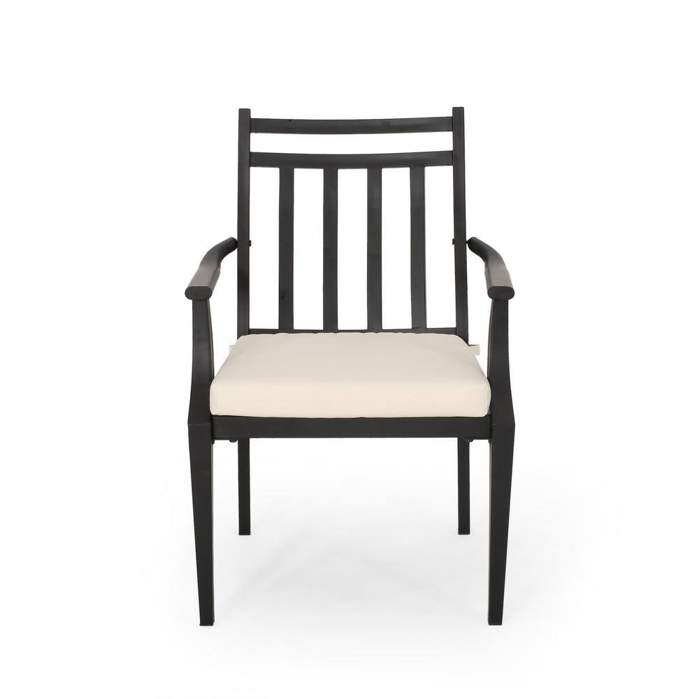 Matte Black Iron Outdoor Dining Chairs with Beige Cushions (Set of 2)