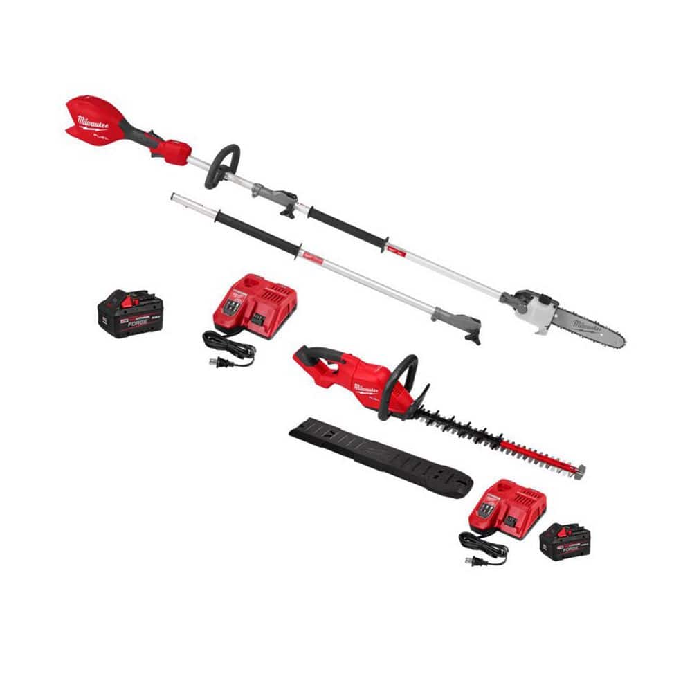 MILWAUKEE M18 Fuel 18V 10 in. Brushless Cordless Battery Pole Saw Kit Quik-Lok Attachment, 8.0 Forge Battery, M18 Hedge Trimmer (3016-21PS-3033)