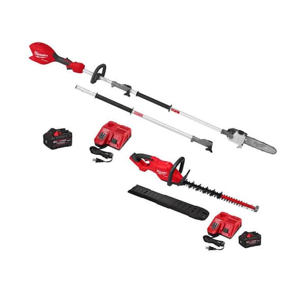 M18 Fuel 18V 10 in. Brushless Cordless Battery Pole Saw Kit Quik-Lok Attachment, 8.0 Forge Battery, M18 Hedge Trimmer