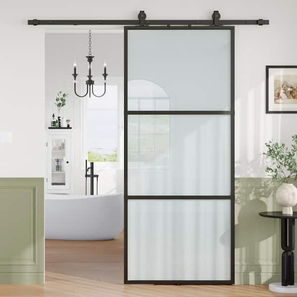 36 in. x 84 in. 3 Lite Frosted Glass Black Metal Frame Interior Sliding Barn Door with Hardware kit