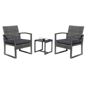 3-Piece Wicker Outdoor Patio Bistro Set with Dark Gray Cushion