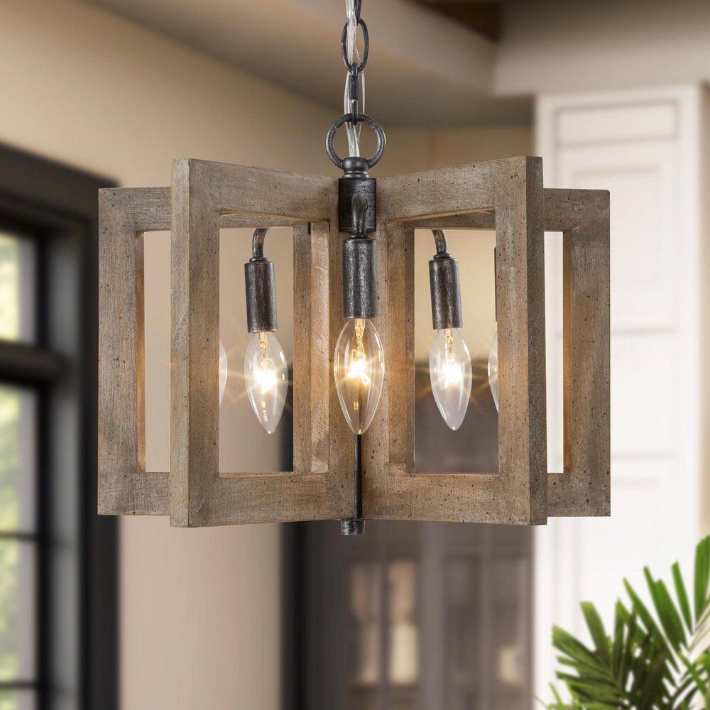 Farmhouse 5-Light Brown Natural Wood Pendant Light, Rustic Island Ceiling Light with Geometric Cage for Dining Room price history on PriceWatchPro