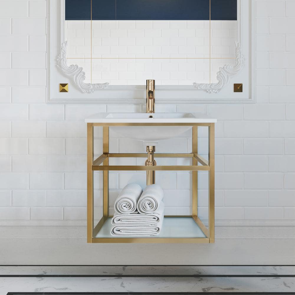 Pierre 24" Gold Metal Frame with Glass Shelf Wall-Mounted Vanity