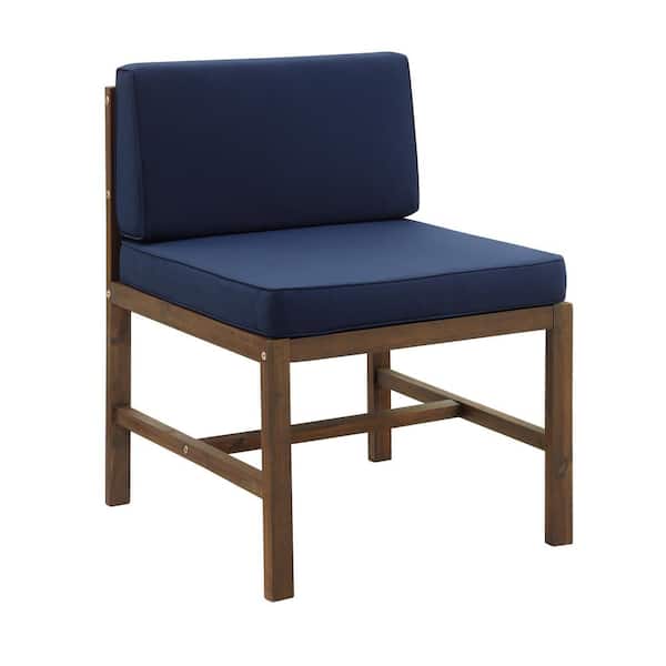 Walker Edison Furniture Company Dark Brown Armless Acacia Wood Outdoor Modular Chair with Navy Cushion