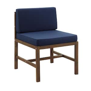 Dark Brown Armless Acacia Wood Outdoor Modular Chair with Navy Cushion