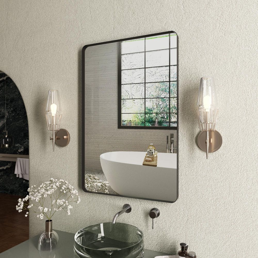 24 in. W x 36 in. H Rounded Rectangle Framed Wall Bathroom Vanity Mirror in Matte Black price history on PriceWatchPro