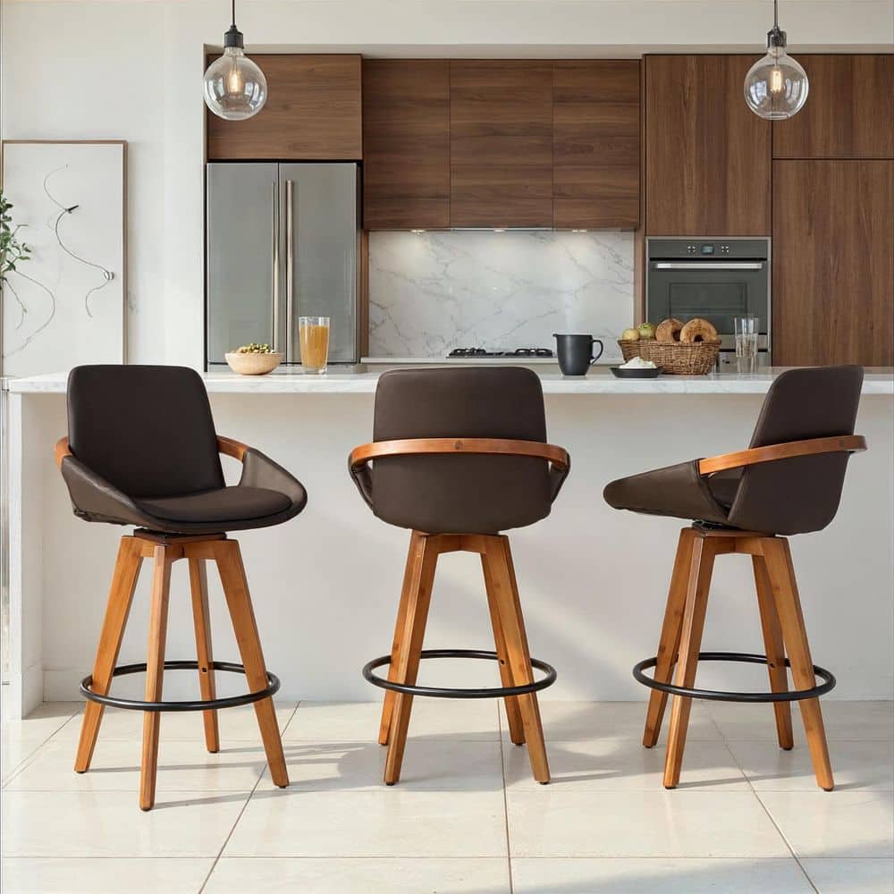 Lumisource Cosmo 26 in. Walnut Bamboo and Brown Faux Leather