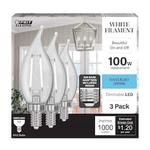 100-Watt Equivalent BA10 E12 Candelabra Dim White Filament Clear Glass Chandelier LED Light Bulb Daylight 5000K (3-Pack)