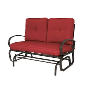 Wrought Iron Metal Rocking Love Seats Glider Swing Bench/Rocker for Patio, Yard with Burgundy Cushion and Sturdy